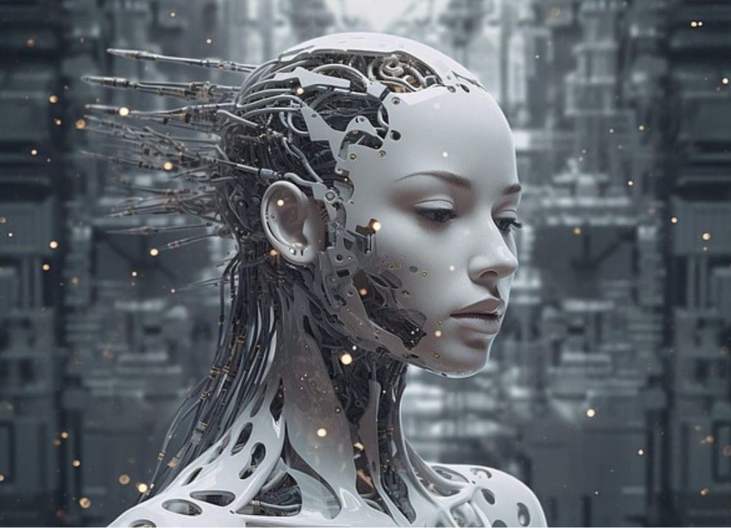Representação artistica de uma android futurista com aparência humana e componentes cibernéticos expostos,simbolizando os avanços da inteligência artificial e da tecnologia.