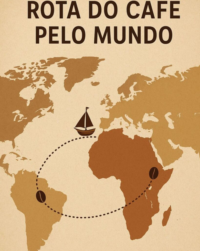Rota do Café pelo mundo desde a Etiópia passando pela Península Arábica, Europa, América Latina e Ásia.